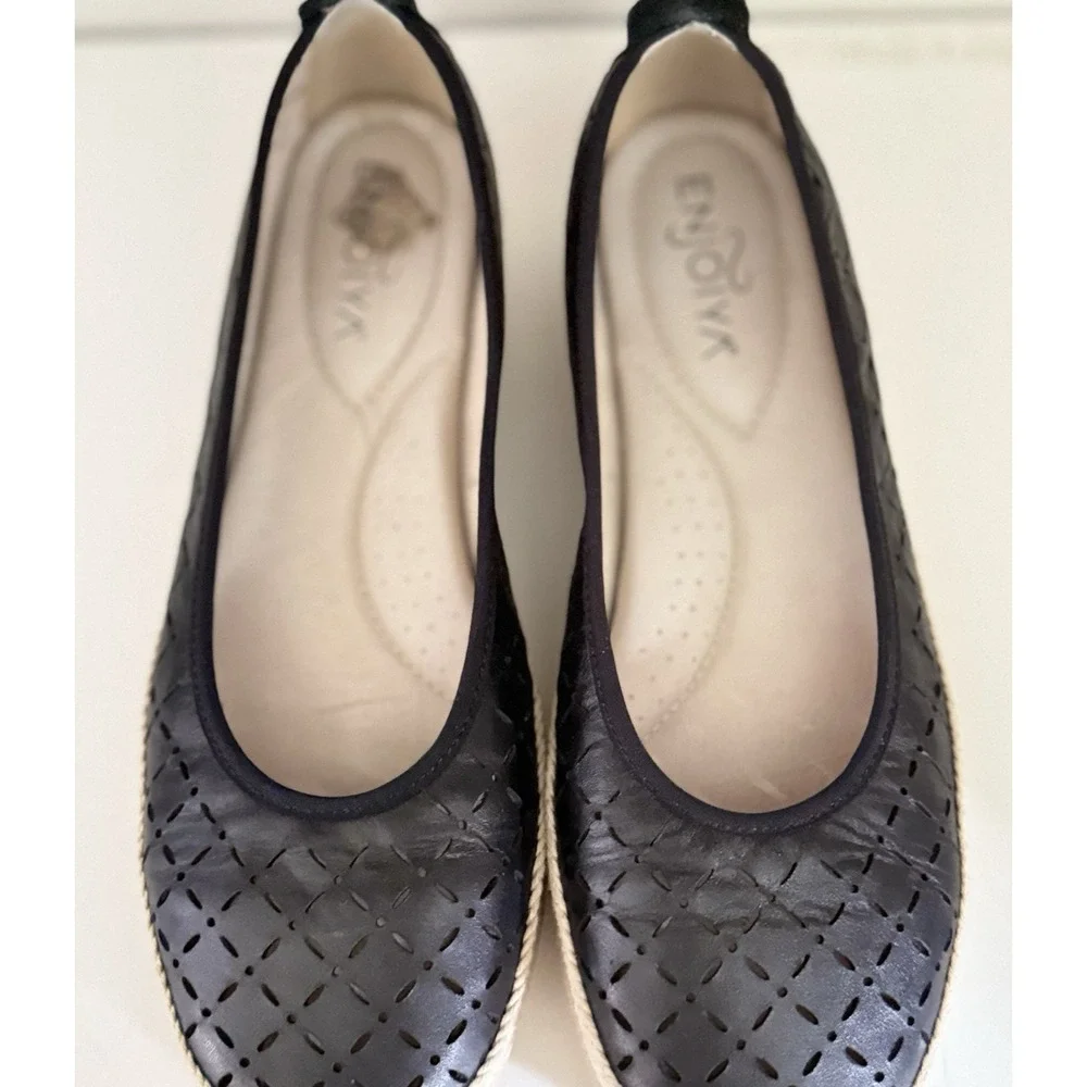 Enjoiya Women's Cut Out Slip‎ On Black Beige Espadrille Look Size 40 US 9 - 9.5